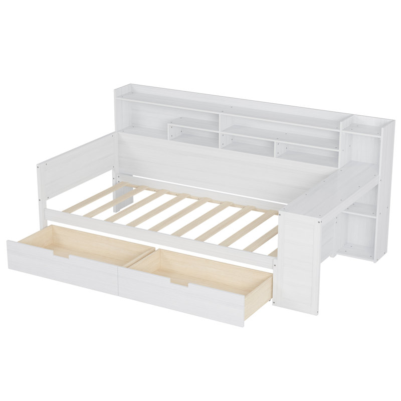 Wooden Twin Size Daybed With Storage Shelves, Multi-Functional Bed With Two Storage Drawers And Study Desk, Antique White