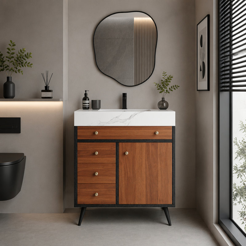 Meuble-lavabo autoportant moderne avec lavabo en céramique et plateau en pierre frittée
