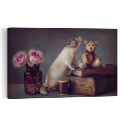 Curious Rat And Bear Vintage Whimsical Bear Rose Animal Flower Wall Art Print by Ellen van Deelen - 1 Piece Wrapped Canvas Wall Art