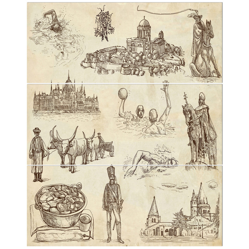 Reproduction de multiples images sur toile tendue, «Hongrie illustrant de vieux papiers»