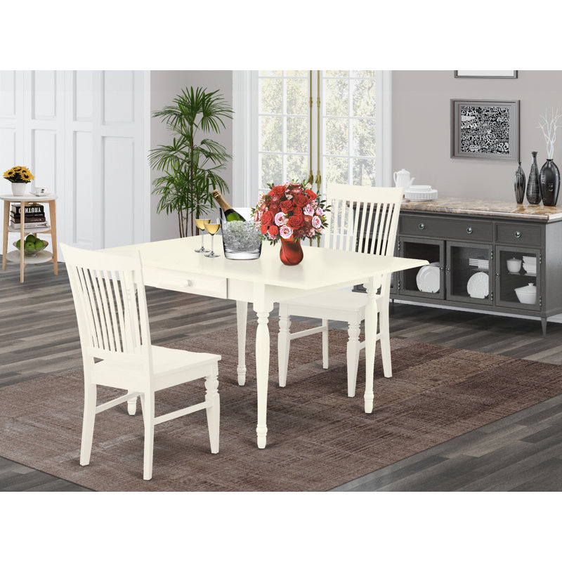 3 Piece Modern Dining Table Set Contains a Rectangle Wooden Table with Dropleaf and 2 Dining Chairs, Linen White, Linen White