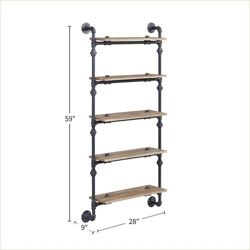 MDF and metal five-tier wall storage display shelving with industrial water pipe style frame construction
