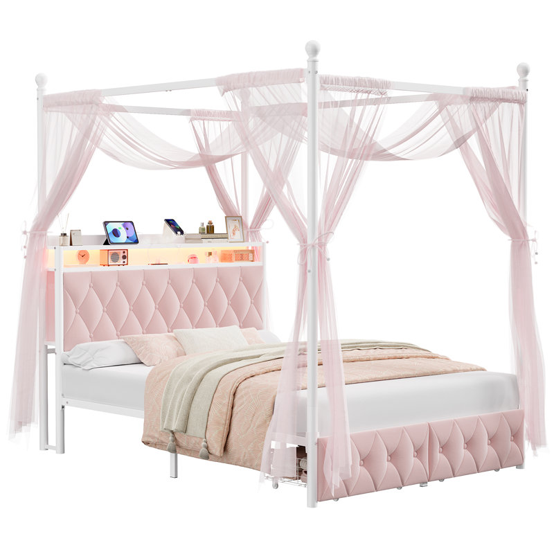 LED Canopy Bed Frame With USB Charging Ports, Modern Storage Bed, Metal Bed Frame With 2-Tier Shelves, Hidden Storage, Convertible Canopy To Platform Bed Frame