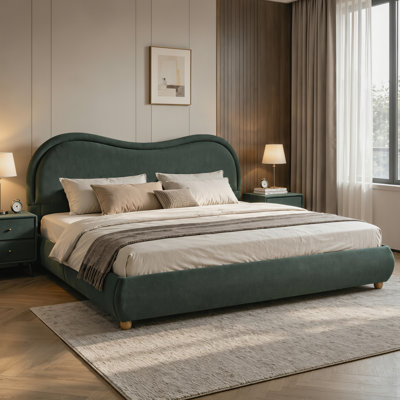 Très grande base de lit tapissier plateforme avec tête de lit arrondie à coins arrondis, lattes en bois, pieds en bois de chêne massif, tissu chenille, aucun sommier requis, assemblage facile, vert olive