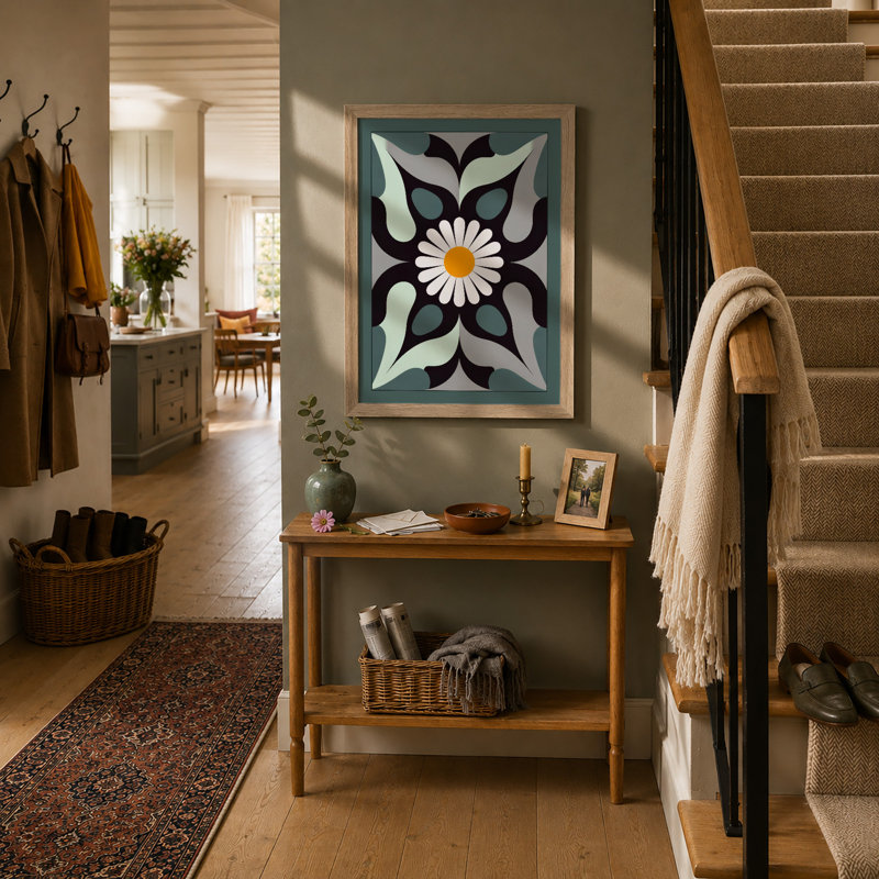 Daisy Symmetry Mid-Century - Framed Print, A3 - 42.0 x 29.7 cm, Oak