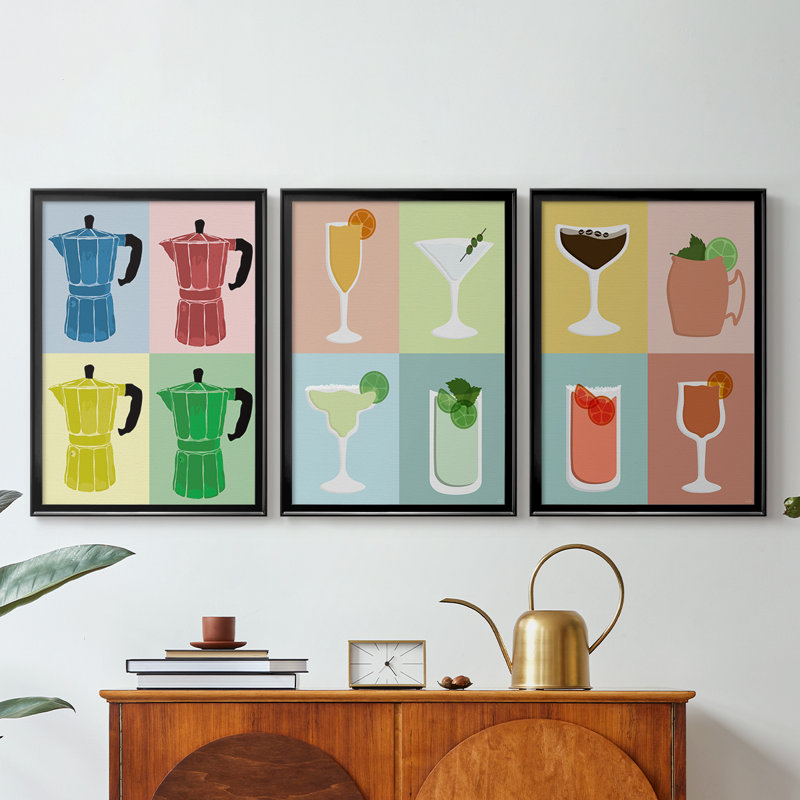 Moka Pot Colorblock - Toile tendue avec châssis sur mesure - 3 pièces, Noir, H 30 po x l 63 po