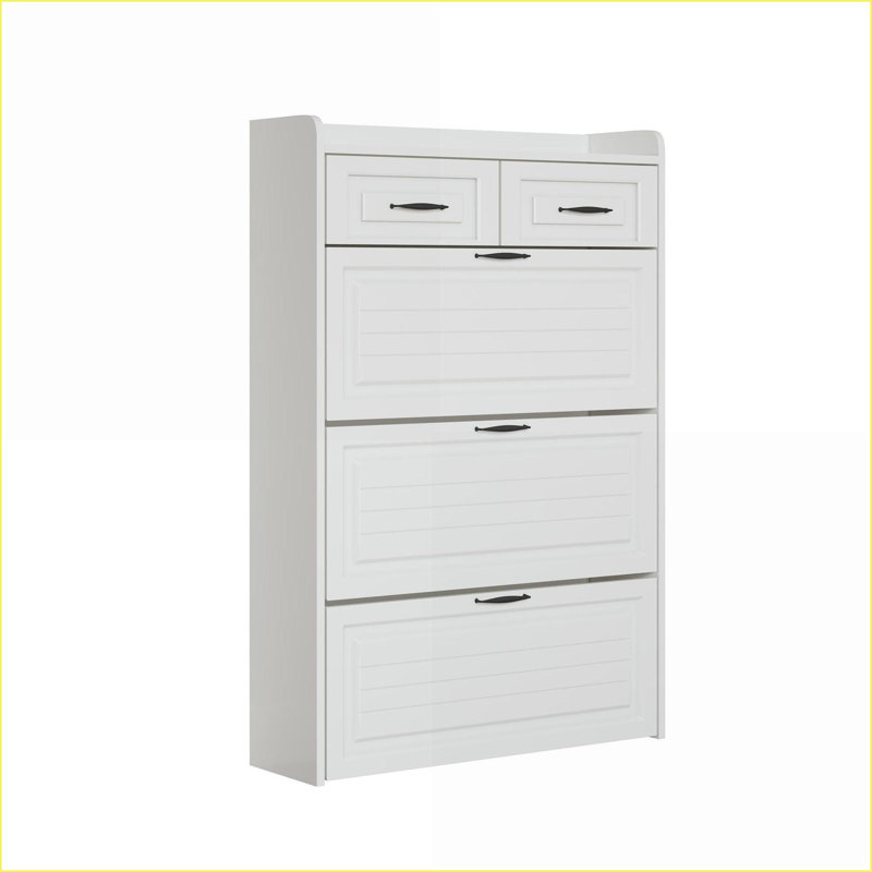 Shoe Cabinets with 3 Drop-Down Doors &amp; 2 Drawers, Large Storage | Off-White | Particle Board+MDF, White