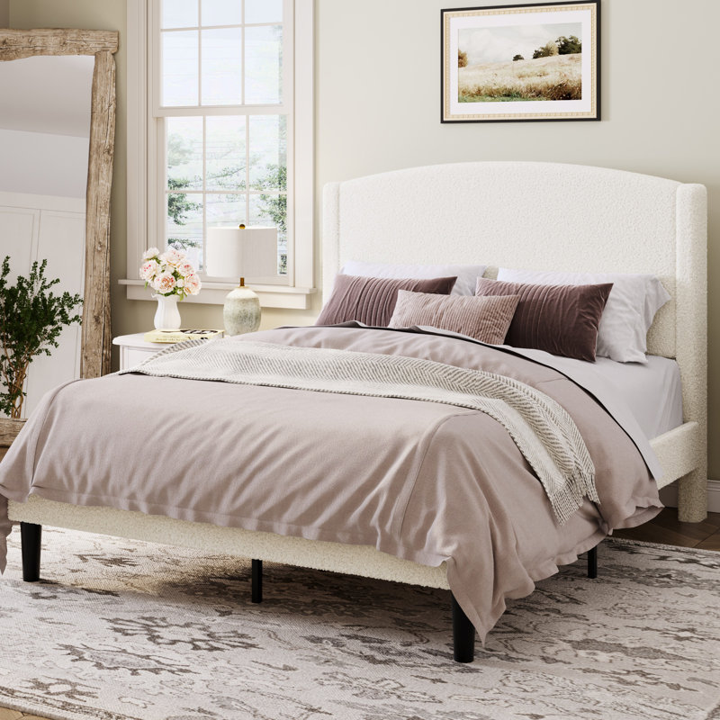 Chic Teddy Fleece Upholstered Platform Bed With Curve-Shaped Headboard, Modern Soft Boucle Fabric Bed Frame, Solid Wood Slat Support, No Box Spring Needed