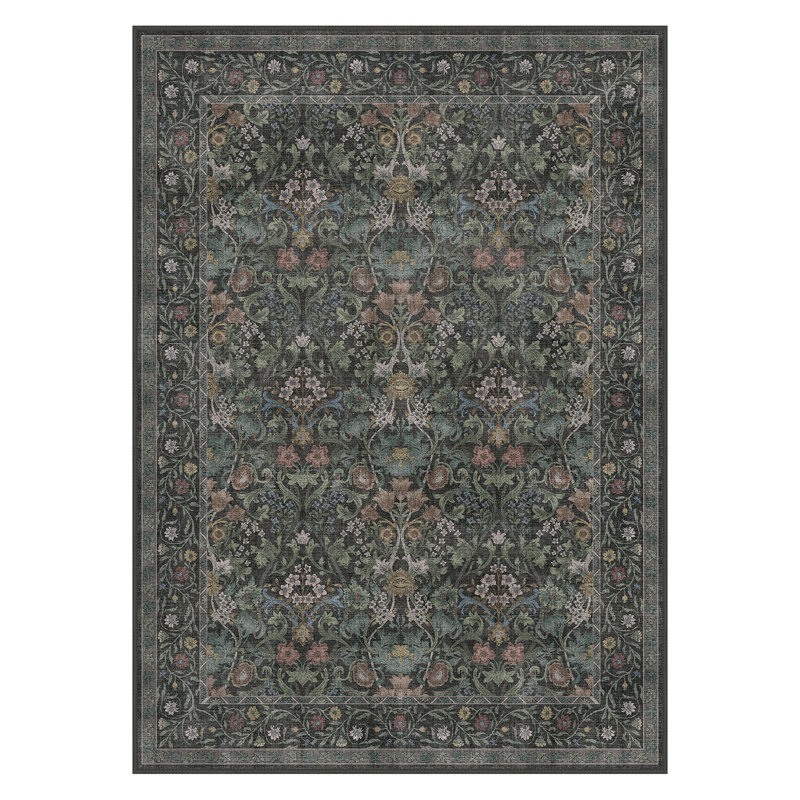 Blossora Geometric Floral Machine Washable Black / Blue / Green / Yellow Indoor Area Rug with Non-Slip Backing