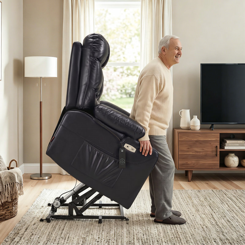 Latise Wide Power Recliner Lift Chair with Extended Footrest, Faux Leather, Black 100% Polyester