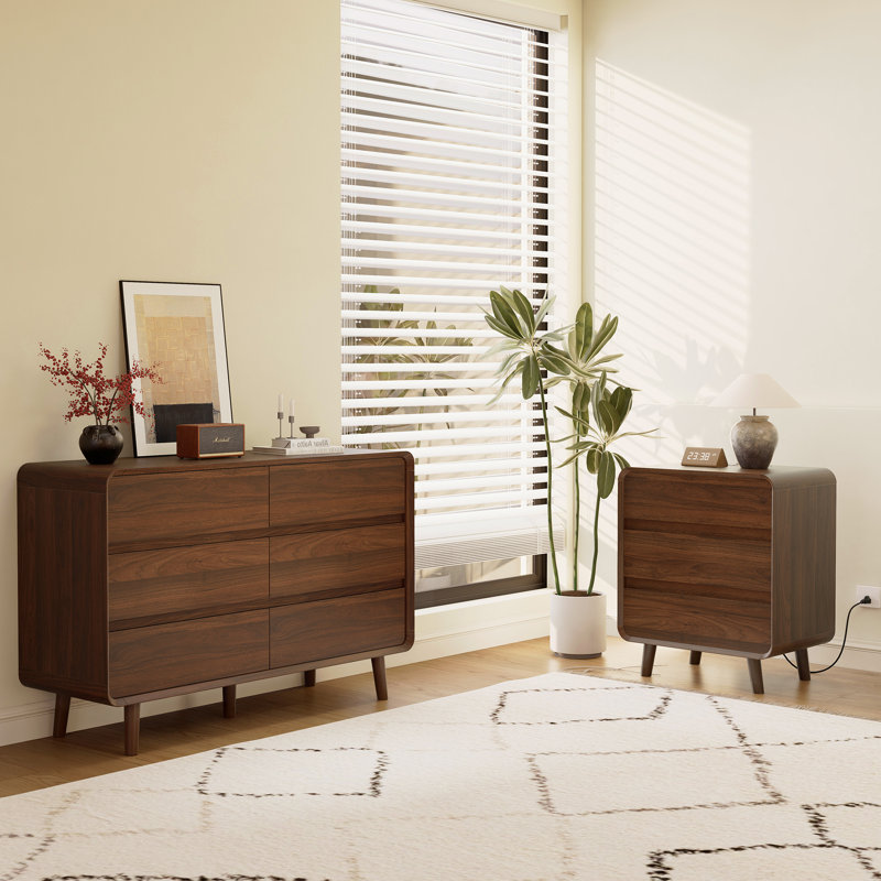 Walnut Wood Bedroom Dresser And Nightstand Set, 6 Drawer Dresser For Bedroom, Bedside Table Set Of 2, Classic Bedroom Set