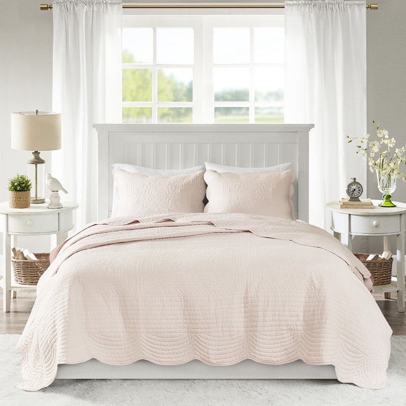 Reversible Quilt - Blush, 3 Piece, Scalloped Edge, Microfiber, 90% Cotton Fill, , Enchanting Bedding Edge In Blush Pieces, Warm
