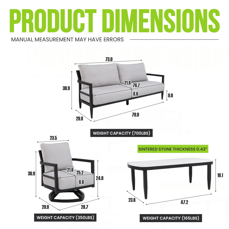 4PC Outdoor Conversation Set With Fully Weld 360° Swivel Club Chairs, Luxurious Bench Seat Sofa, Marble-Inspired Sintered Stone Coffee Table, Ember Black Rust-Free Aluminum Frame & Sunbrella Cushions