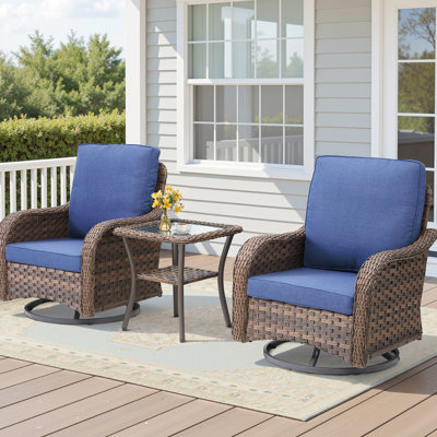 Ensemble de meubles d'extérieur 3 pièces, chaise berçante pivotante pour l'extérieur, ensemble bistro de patio en osier avec tablette latérale pour terrasse
