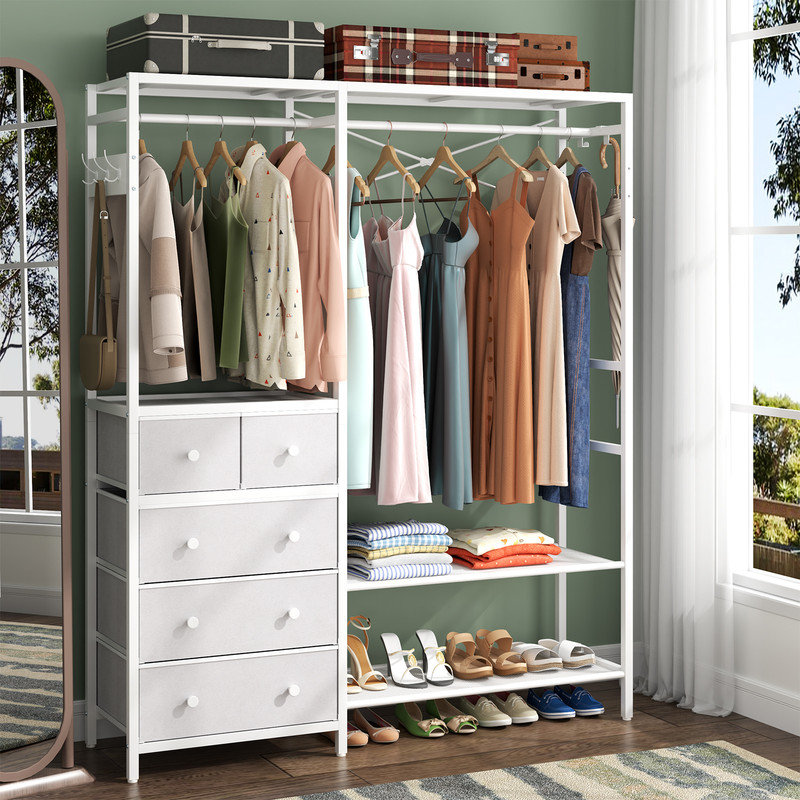 Jalmer Clothes Rack with 5 Drawer & 4 Storage Shelf, 59"W*71"H Heavy Duty Clothing Rack with 2 Hanging Rod, White