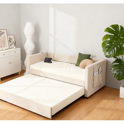 Lit de jour simple rembourré avec lit gigogne, port USB, poches latérales, dossier à motif en V moderne, aucun sommier nécessaire, pour chambre à coucher, chambre d'amis (beige, simple)