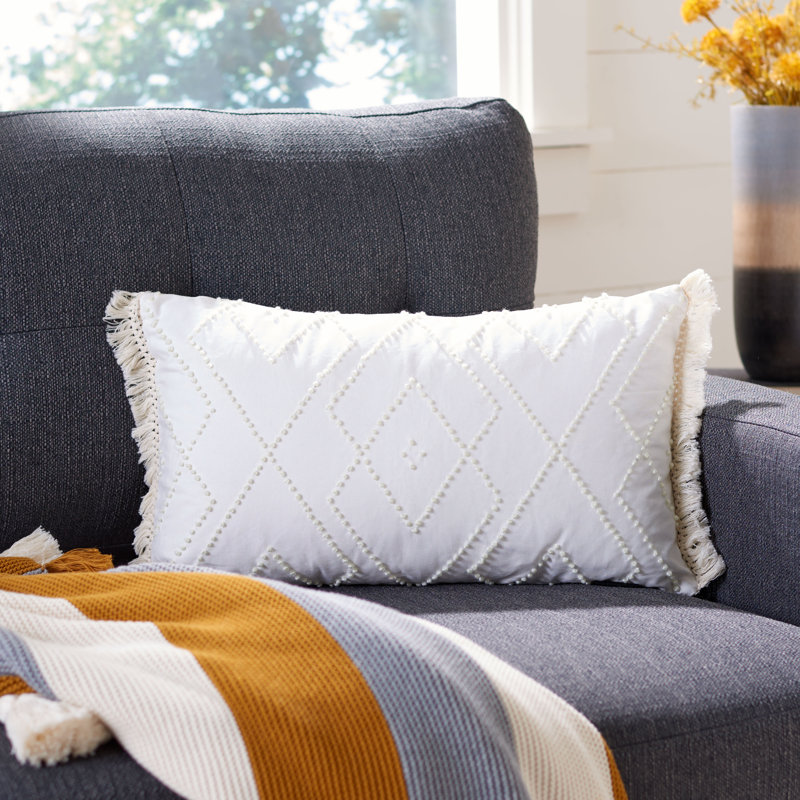 Fringed Cotton Reversible Throw Pillow, Navy