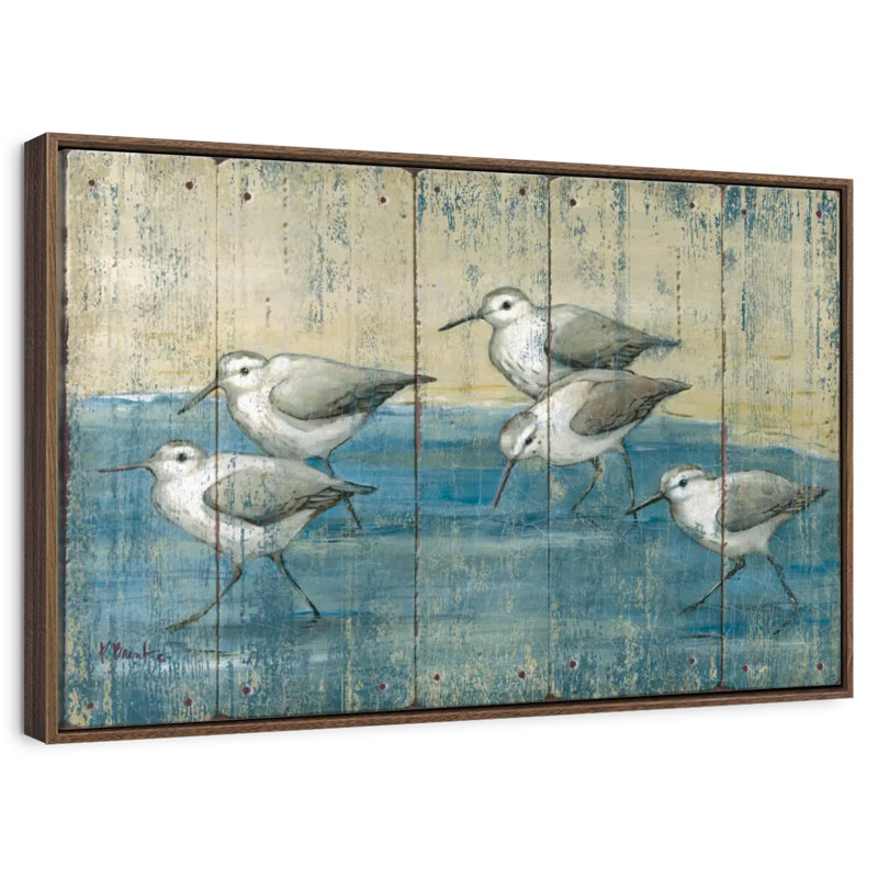 Sandpipers patiné à l'huile, 13 po x 9 po, Cadre flottant noyer