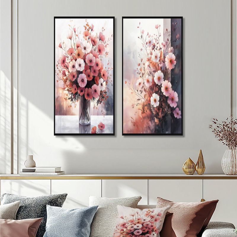 Rose et rose souci blanc I - art mural floral 2 pièces, H 28 po x l 25 po, Cadre flottant noir