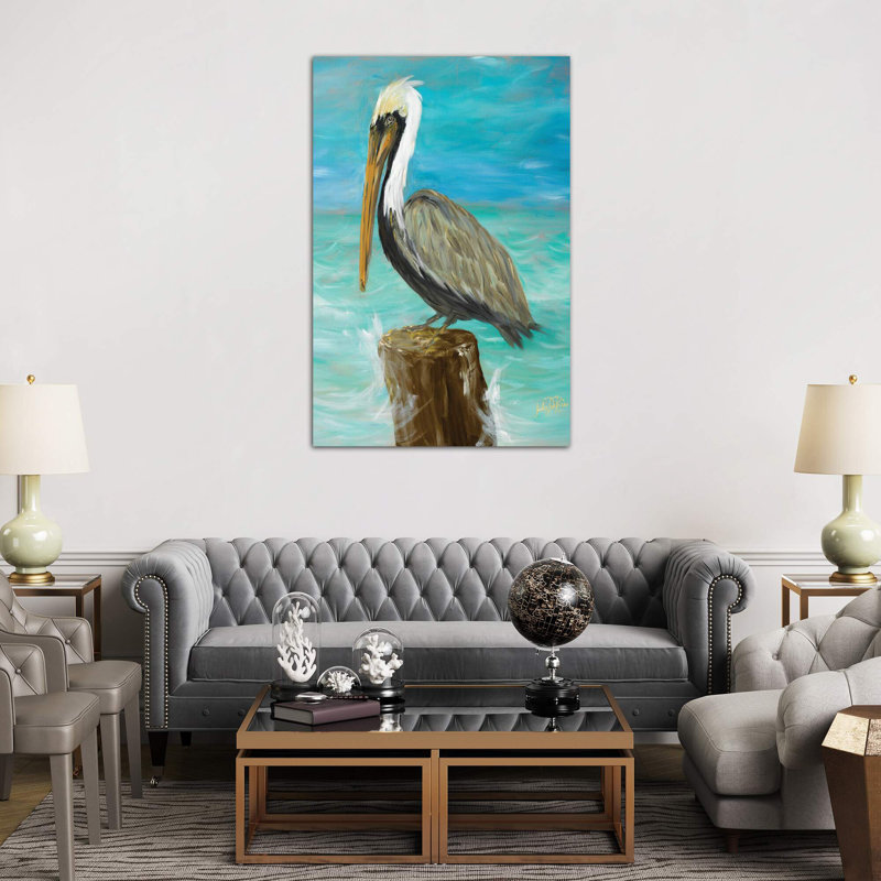 Single Pelican On Post by Julie Derice - Print on Canvas, 30.48 cm H x 45.72 cm W, No Frame