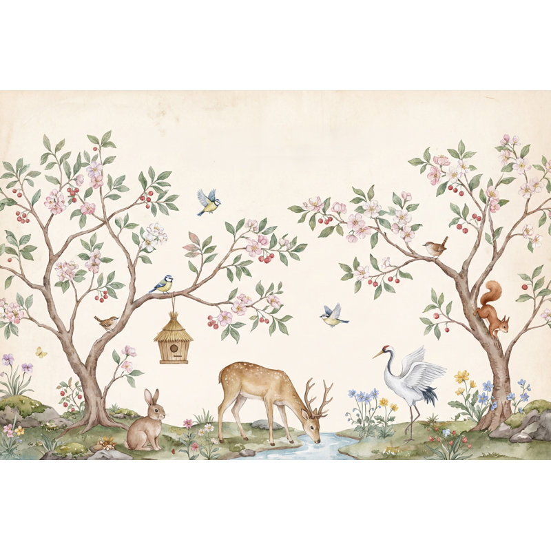 Papier peint paysage aquatique Woodland Blossoming Trees, 120 po x 96 po, Peler et coller