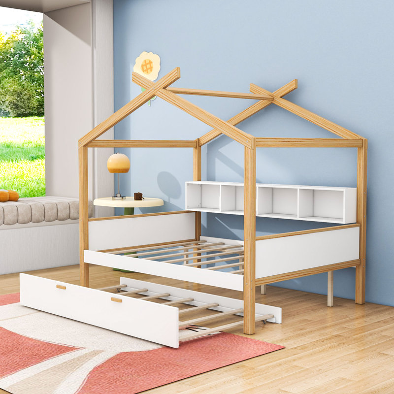 Lit House avec lit gigogne escamotable et rangement pour bibliothèque, Double