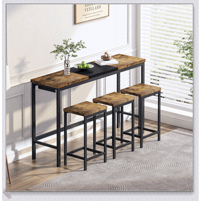 Modern Design Kitchen Dining Table Set with 3 Stools, Splicing Tabletop, and Convenient Hanging Stool Feature