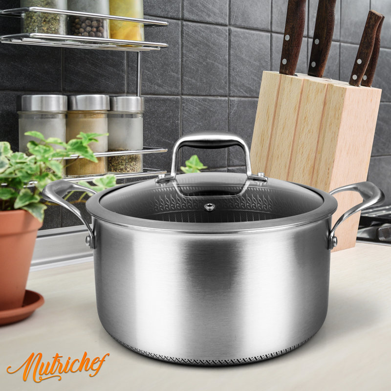 NutriChef 5-Quart Stainless Steel Stew Pot with Glass Lid