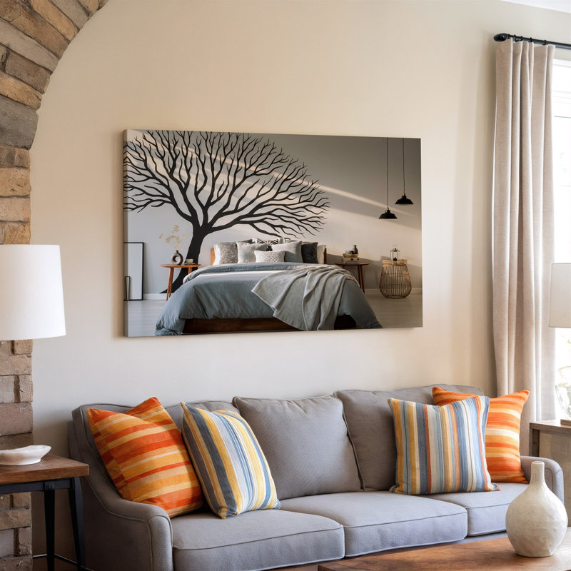 Toile, une chambre à coucher confortable avec un grand arbre noir complexe, art mural sur un mur blanc créant un contraste saisissant