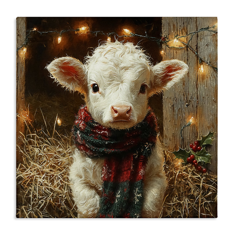 Veau blanc avec toile des lumières des Fêtes, design par Riley B, H 30 po x l 30 po