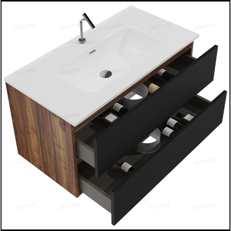 Meuble-lavabo mural 36 po avec lavabo en céramique intégré, Noir, 36"