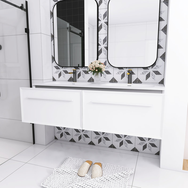 60 in. White Double Sink Wall-Mounted Bath Vanity with Solid Surface Top