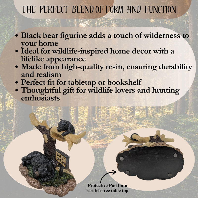 Resin Rustic Woodland Sleeping Bear on Branch Figurine Wildlife-Inspired Cabin or Lodge Décor