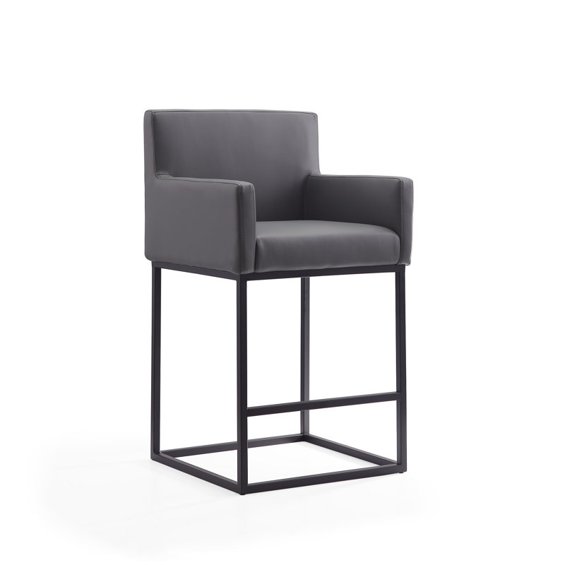 Ambassador Mid-Century Modern Vegan Leather Upholstered Metal Counter Stool in Gray, Gray, Counter Stool (26" Seat Height)
