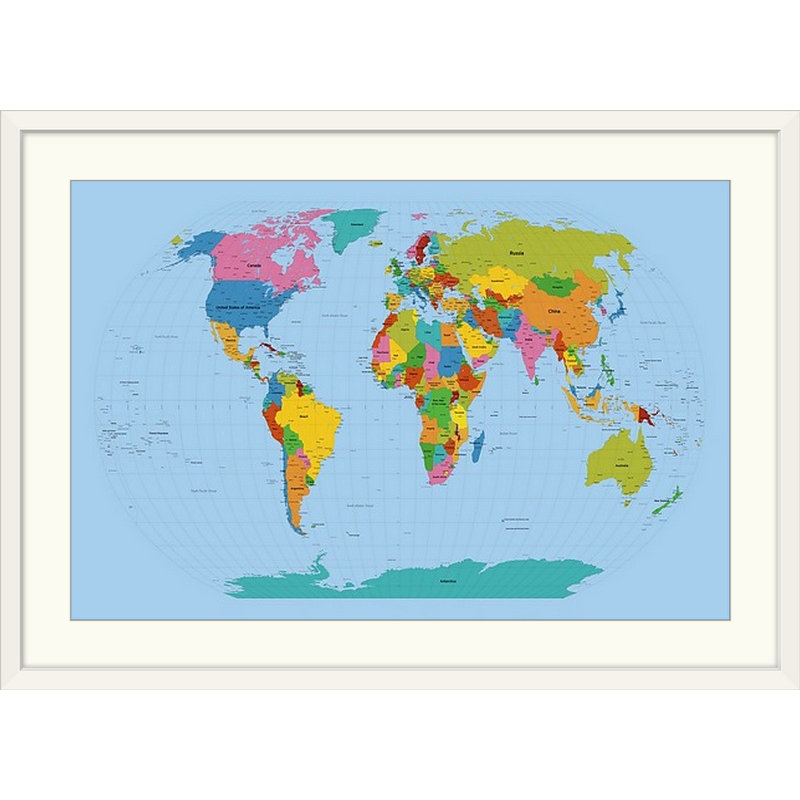 «World Map Bright» par Francy, impression, H 24 po x l 32 po x P 1 po, Cadre blanc