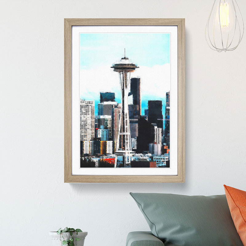 Space Needle In Seattle Washington Painting - Framed Print, 45cm H x 33cm W x 2cm D, Oak Framed