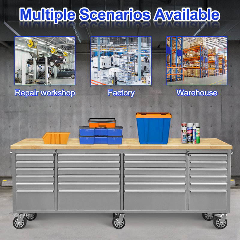 96-Inch Stainless Steel Rolling Tool Box with 24 Drawers, Heavy-Duty Mobile Garage Workbench, Lockable Large Tool Chest Storage Cabinet with Wheels for Workshop