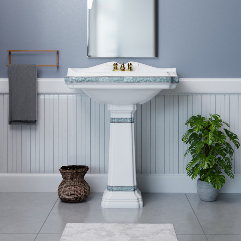India Reserve 22 7/8 inch Pedestal Bathroom Sink Green and Gold with Overflow