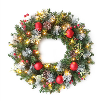 Guirlande de Noël artificielle 60 cm / 23,62 po avec porte guirlande de Noël artificielle avec lumières Décoration de Noël baie rouge pour fenêtre Décors muraux Batterie non incluse