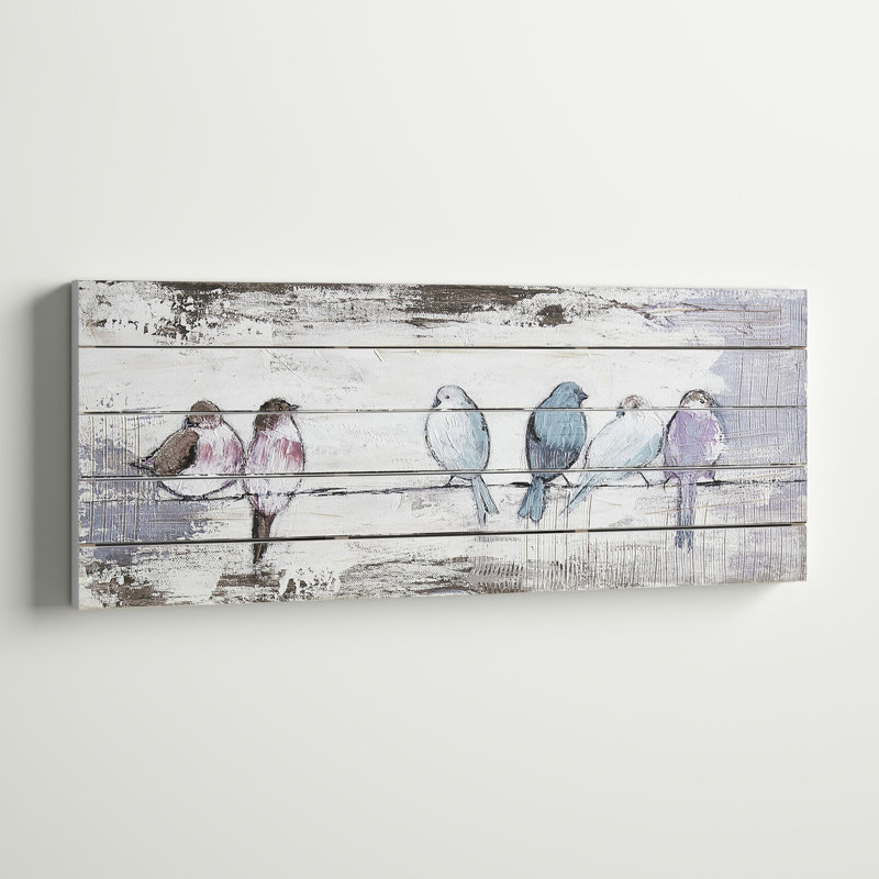 Runda Perched Birds 30"W x 13"H Rectangle Hand Painted Wood Plank Panel Wall Décor