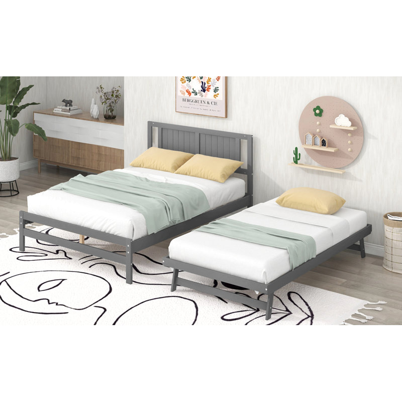Lit plateforme double avec lit gigogne réglable, Double XL, Gris