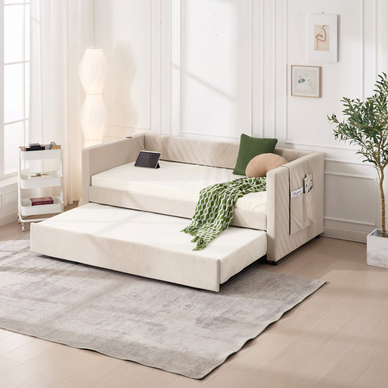 Upholstered Daybed With Trundle,USB Port ,Side Pockets, V-Grained Backrest Design,No Box Spring Needed, For Bedroom, Guest Room