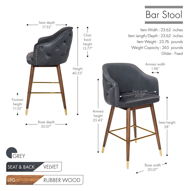 Tabouret de bar en velours 28 po Grieteke, gris