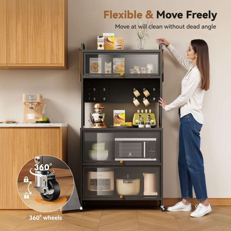 Kitchen Storage Cabinets, Pantry Cupboard With 5 Tiers Bakers Rack, Kitchen Shelves With Transparent Flip Door & 4 Rolling Wheels