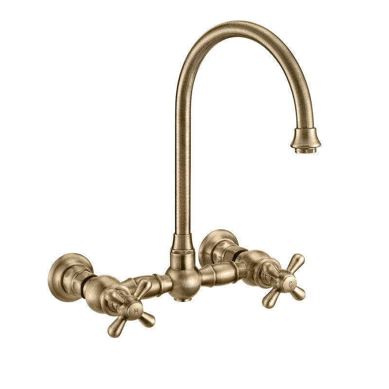 Whitehaus Collection Wall Mount Faucet with Gooseneck Swivel Spout and Solid Brass Side Spray, Antique Brass, Cross Handles