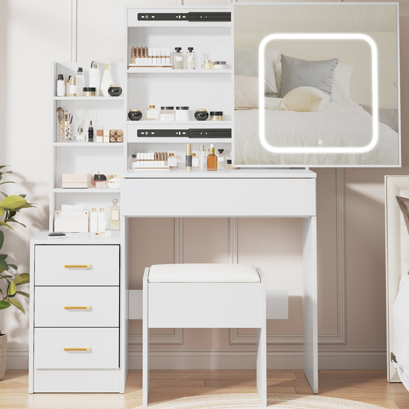 Bureau de coiffeuse avec miroir et lumières DEL, bureau de coiffeuse avec miroir lumineux coulissant, prise de courant, coiffeuse à 4 tiroirs, tablettes de rangement et tabouret rembourré pour la chambre à coucher, blanc