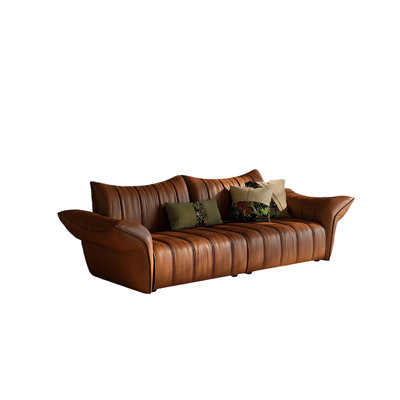 106.3"Brown Minimalist Genuine-Leather & Solid-Wood Sofa
