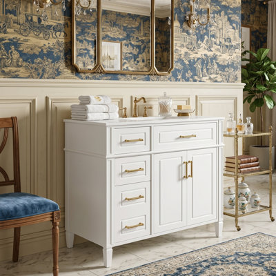 Meuble-lavabo moderne 36 po avec lavabo en céramique intégré, armoire de rangement en bois de pin massif avec 4 tiroirs (1 rabattable) et tablette réglable, quincaillerie dorée (blanc / noir)