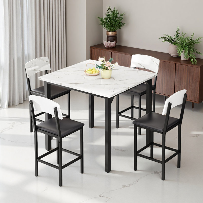 Ensemble de table de salle à manger pour 4, table à hauteur de comptoir et 4 tabourets de bar, ensemble de salle à manger de cuisine moderne, avec chaises rembourrées, blanc, gris