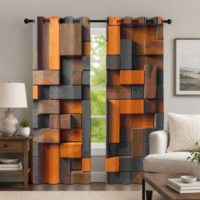 2Pcs Geometric Block-Pattern Curtains, Abstract Style Curtain, Modern 3D Visual Effect Printed Art Grommet Drapes, Window Treatment for Bedroom Living Room Decor